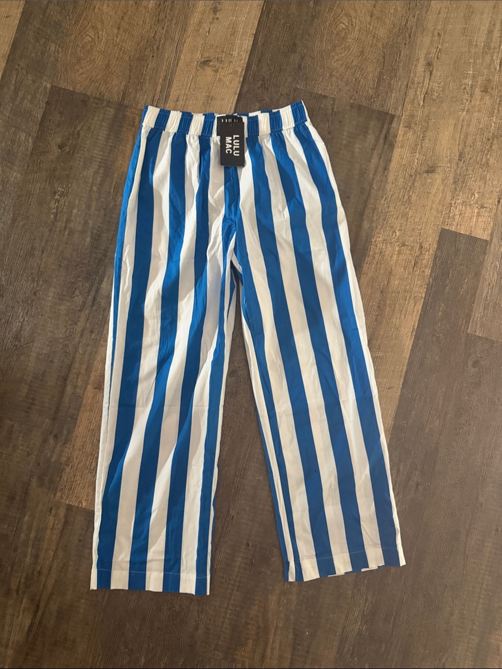 LULU MAC- Blue and White Striped Wide-Leg Track Pants